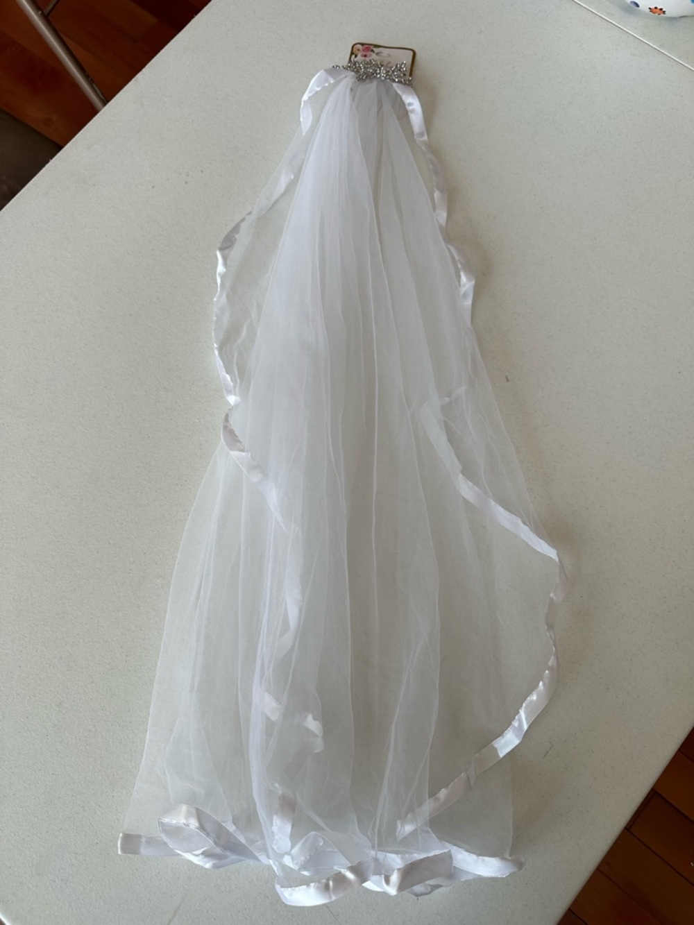 Brand New Veil - White Satin-Trim Tulle Veil with Rhinestone Clip